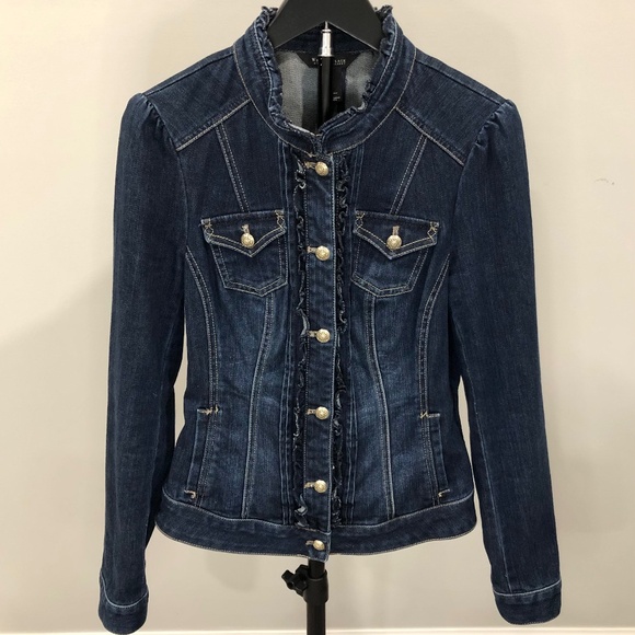 White House Black Market Ruffle Denim Jacket-Gold Button-Fitted-Dark Wash Size 6 - Picture 1 of 4